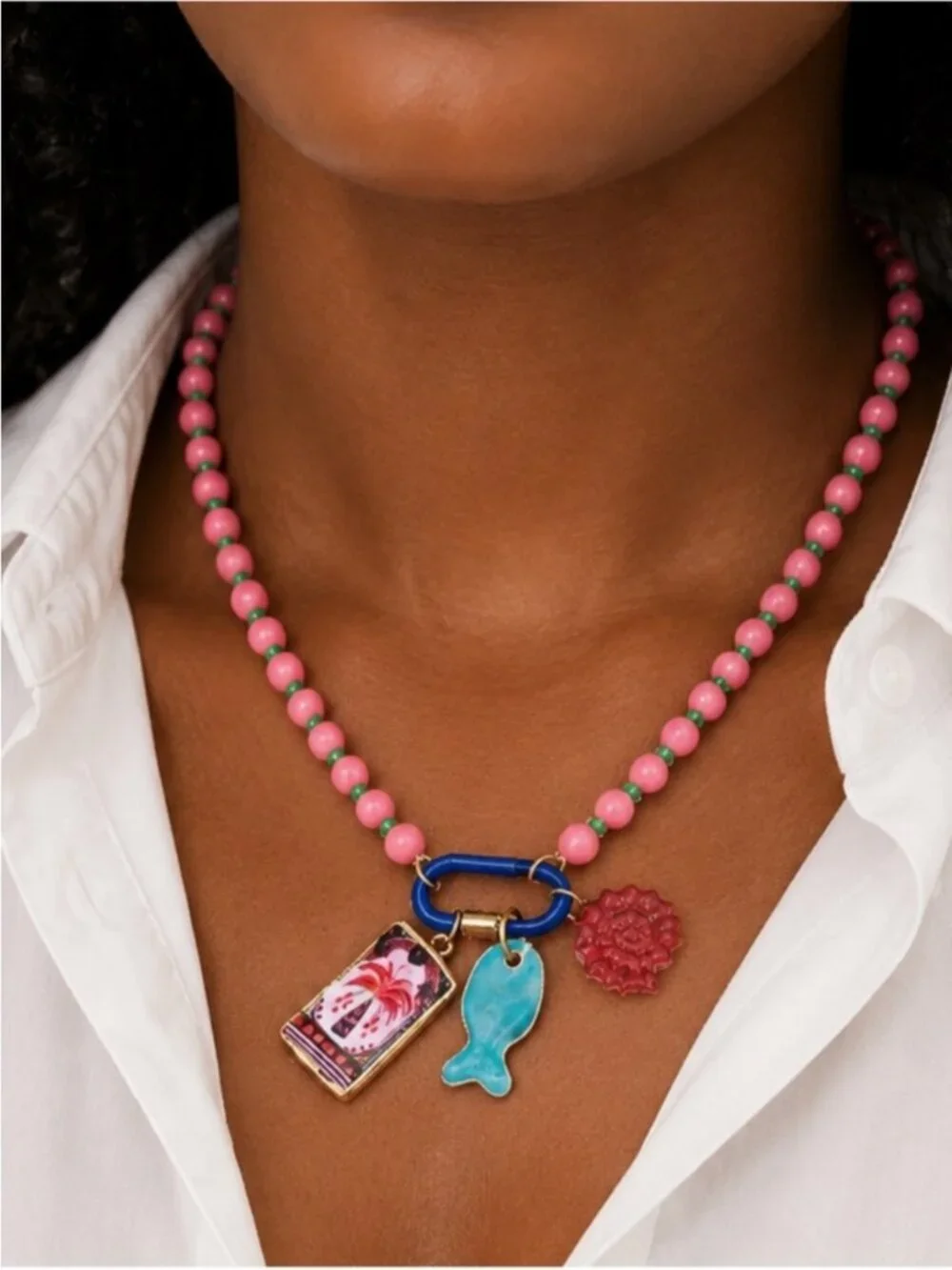 New! Coastal Preppy Pink Beaded Palm Tree Carabiner Dopamine Necklace NWOT 5040
